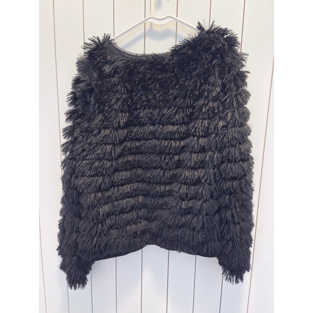 70s‎ Style Glam Rock Goth Chic Shaggy Fringe Cardigan Women S Black Chain Trim - Picture 3 of 3